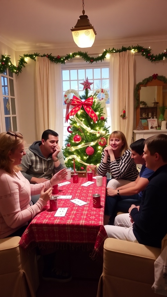 Six friends enjoying Christmas games in a decorated living room.